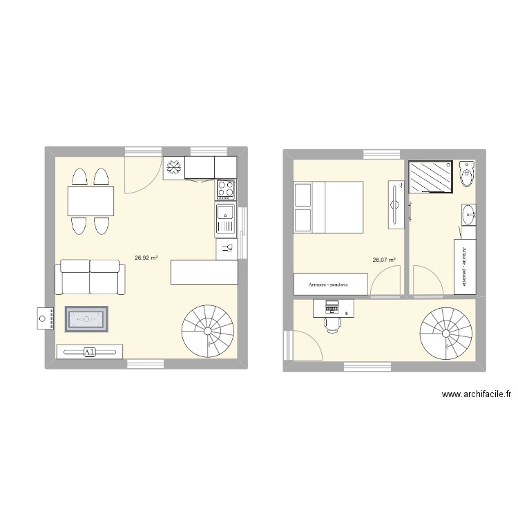 MAISON TOM rdc  et etage. Plan de 2 pièces et 53 m2