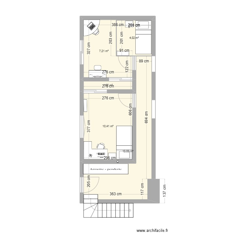 Plan meublé. Plan de 5 pièces et 36 m2