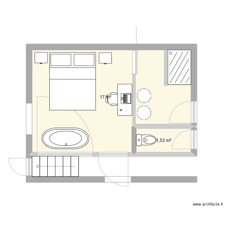 CHAMBRE 1 SDB. Plan de 2 pièces et 19 m2