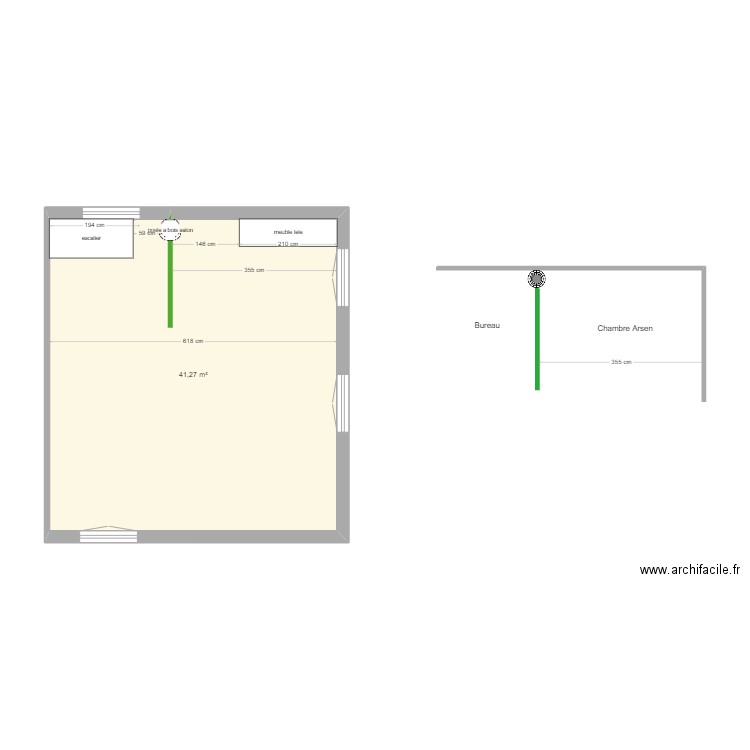 poele a bois salon. Plan de 1 pièce et 41 m2