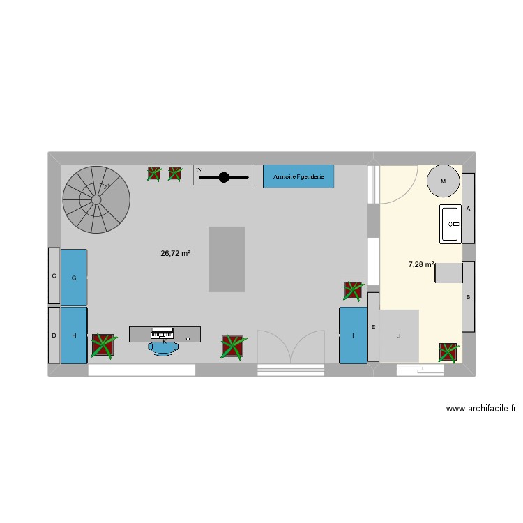 Agencer l'espace commerciale. Plan de 2 pièces et 34 m2