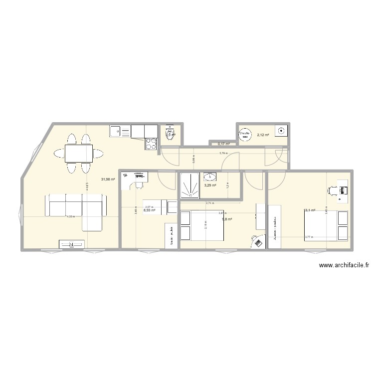 Fécamp3 (3 étage face réunie ). Plan de 8 pièces et 70 m2