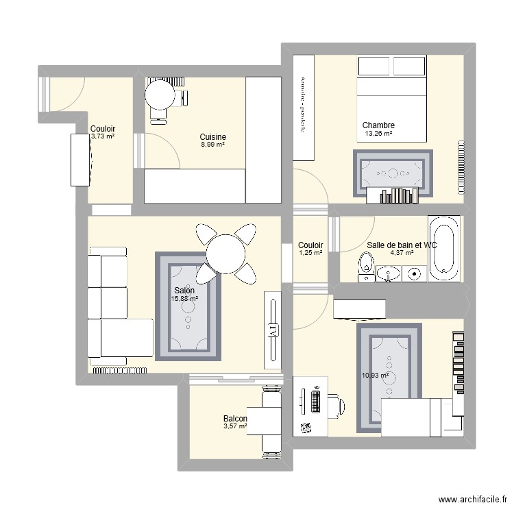 Appartement Temple 17 modifié. Plan de 8 pièces et 62 m2