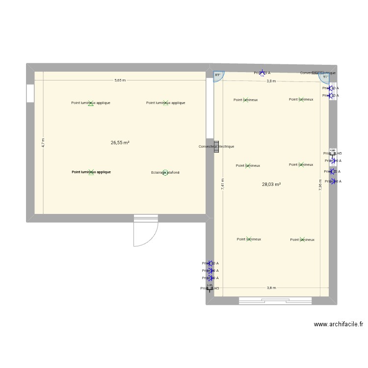 Bibliothèque. Plan de 2 pièces et 55 m2