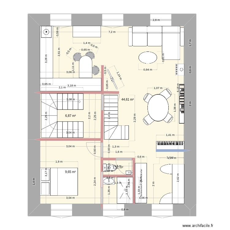 1er étage avec escalier plus petit. Plan de 4 pièces et 62 m2