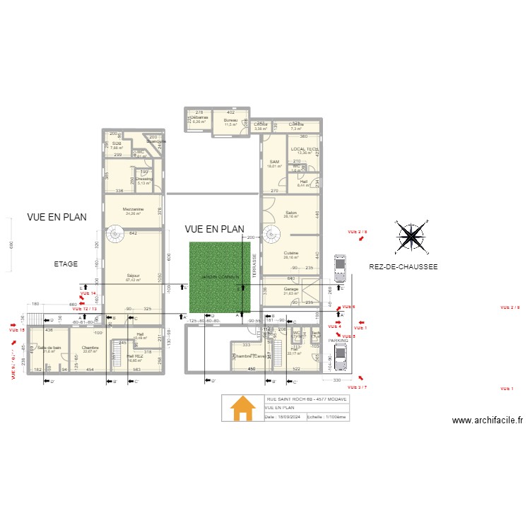 V.RADOUX - VUE EN PLAN - REZ- 1/100 - V2.10 - 20241009. Plan de 26 pièces et 394 m2