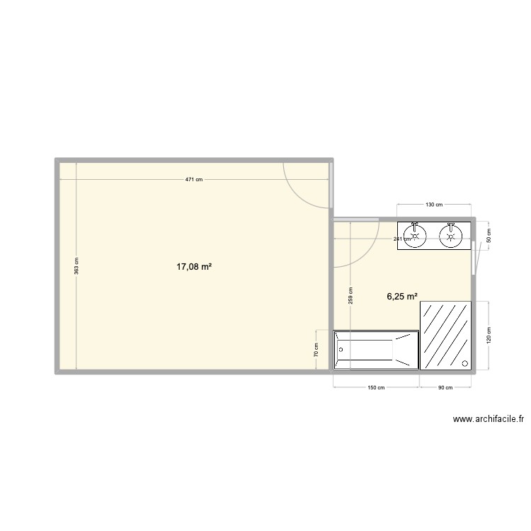 Chambre amis. Plan de 2 pièces et 23 m2