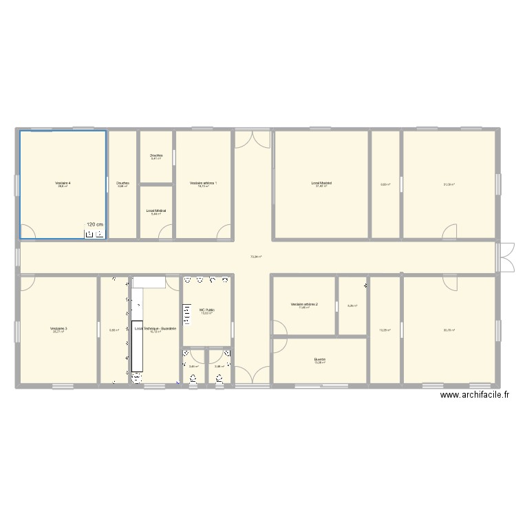 Vestiaires. Plan de 20 pièces et 352 m2