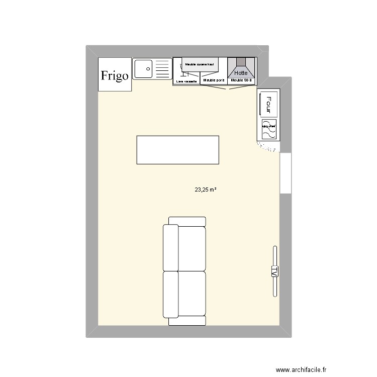 Cuisine Salon. Plan de 1 pièce et 23 m2