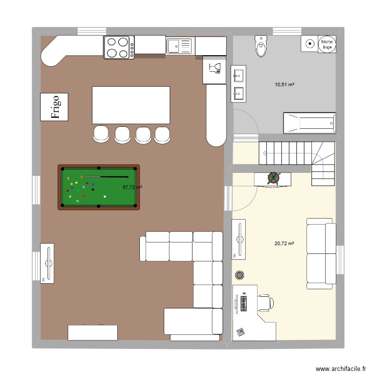 sous sol. Plan de 3 pièces et 89 m2