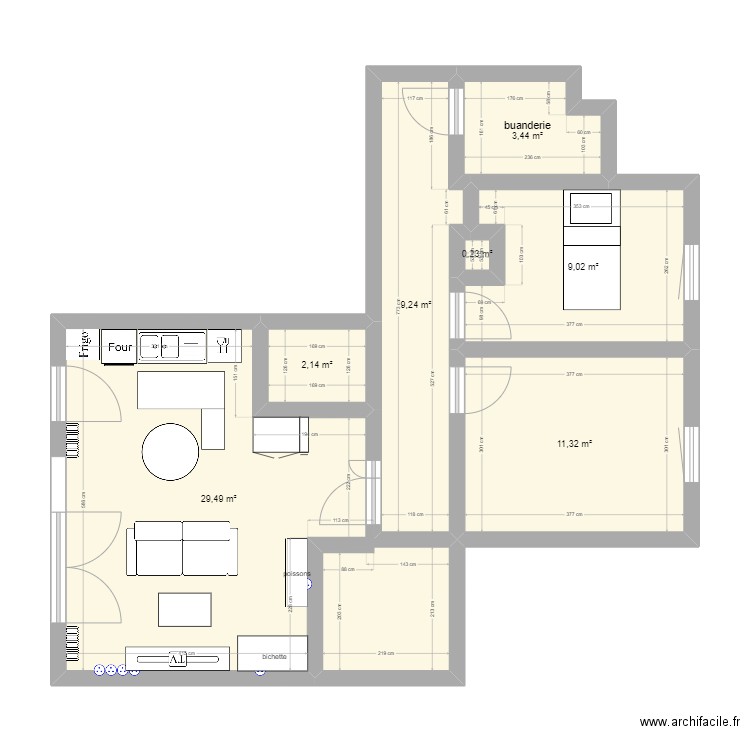 Appart LH salon. Plan de 7 pièces et 65 m2