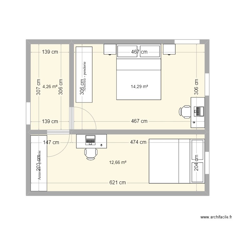 etage. Plan de 3 pièces et 31 m2