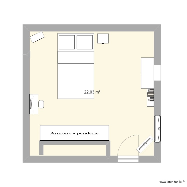 chambre. Plan de 1 pièce et 22 m2