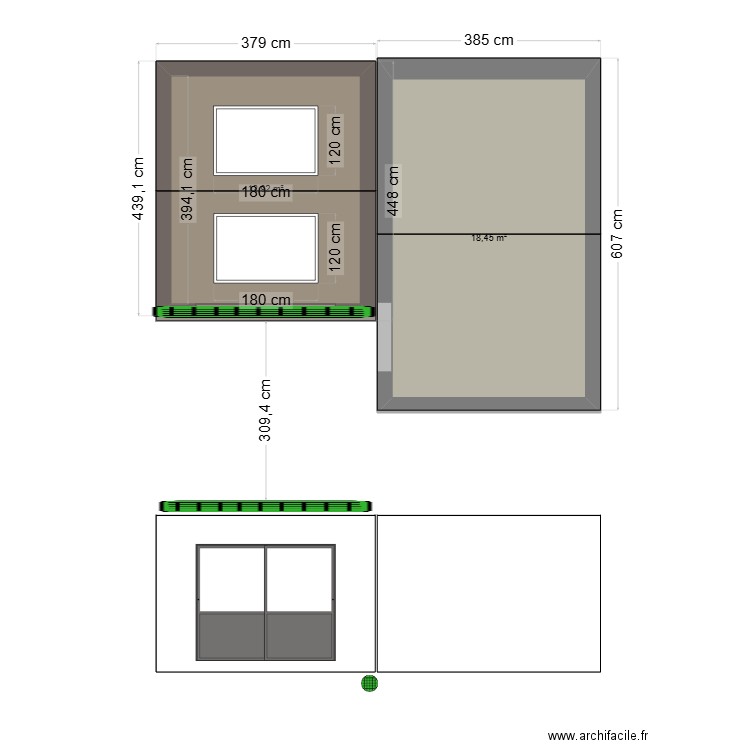 veranda. Plan de 2 pièces et 31 m2