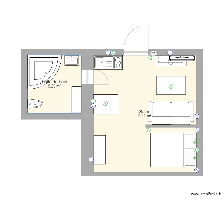 studio maison. Plan de 2 pièces et 25 m2