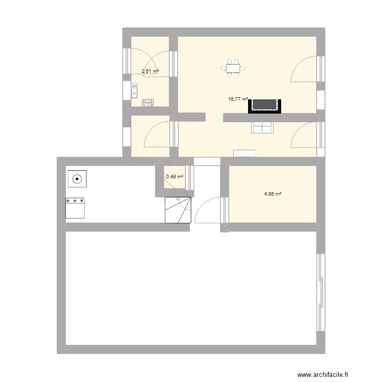 bas. Plan de 4 pièces et 25 m2