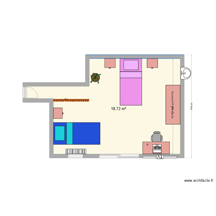 Chambre. Plan de 1 pièce et 19 m2