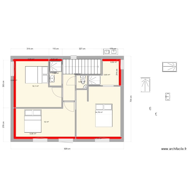 etage 2 douches. Plan de 13 pièces et 52 m2