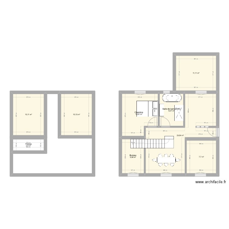 Baratte. Plan de 9 pièces et 89 m2