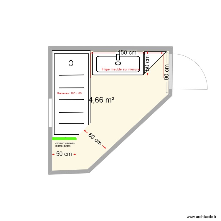 ROUSSIER SDB douche 80. Plan de 1 pièce et 5 m2