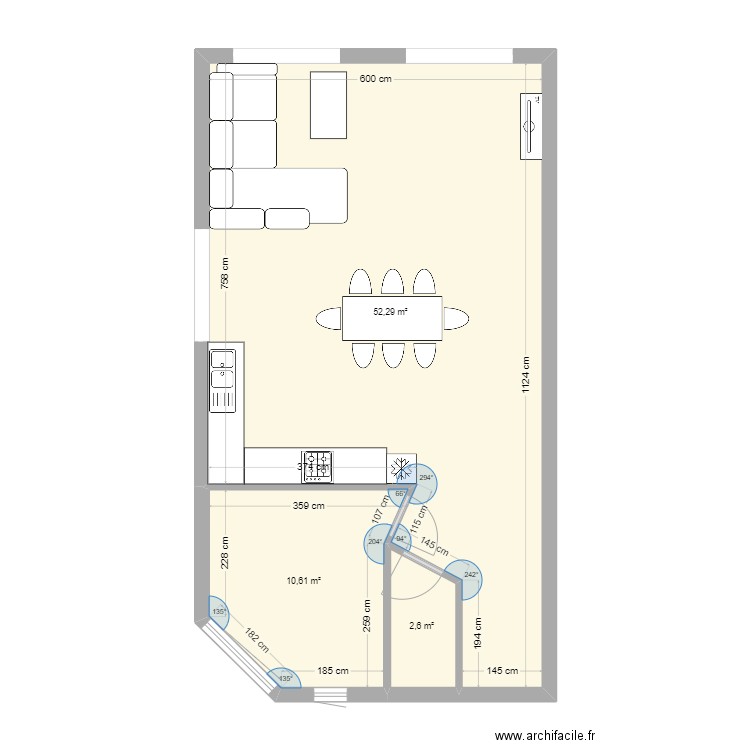 modif cuisine 2. Plan de 3 pièces et 66 m2