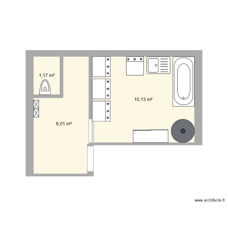 RDC 1. Plan de 3 pièces et 17 m2