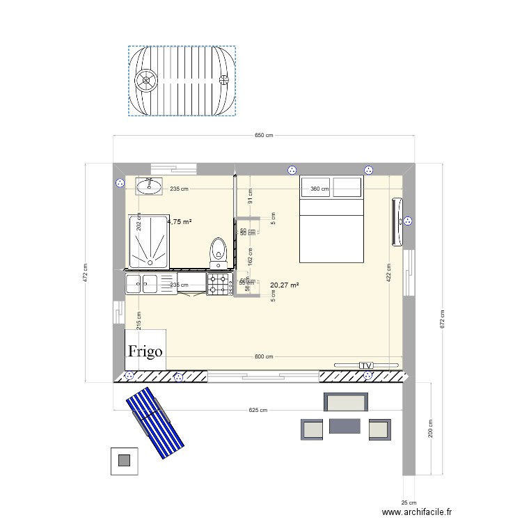 studio 30m2. Plan de 2 pièces et 25 m2