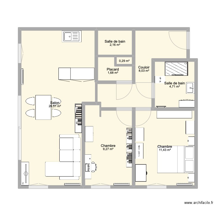 Apt. Plan de 8 pièces et 64 m2