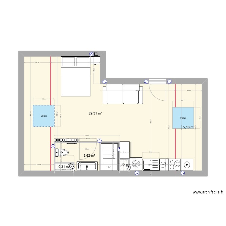 Plan aménagé. Plan de 5 pièces et 39 m2