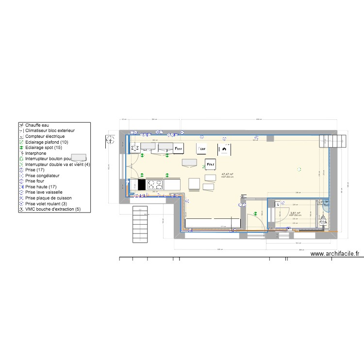 Cuisine comera. Plan de 12 pièces et 83 m2