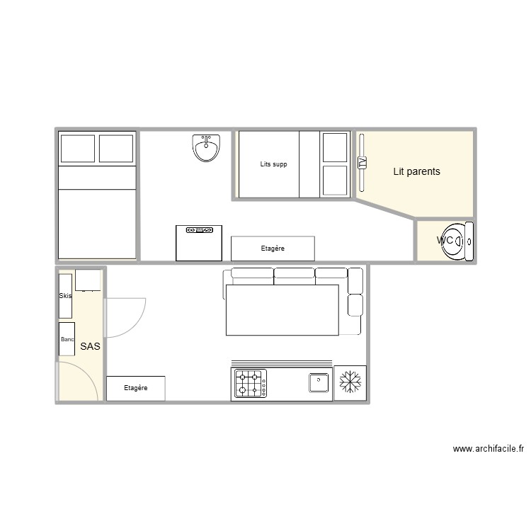 Caravane. Plan de 5 pièces et 11 m2