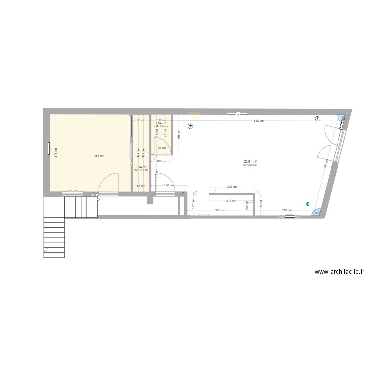Mezzanine Vichy-cloisons. Plan de 3 pièces et 44 m2