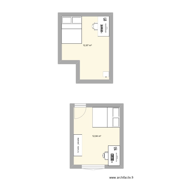 Chambre. Plan de 2 pièces et 26 m2