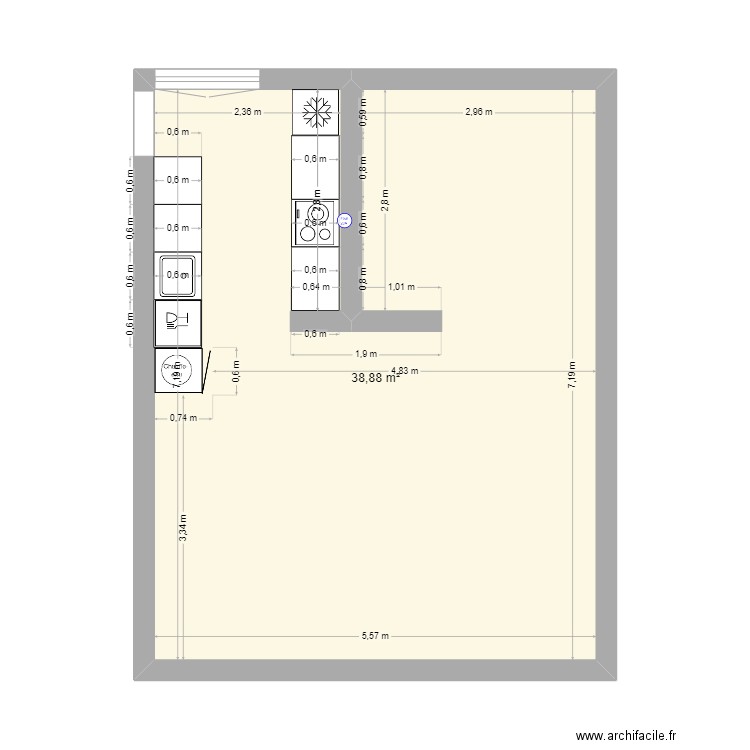 cuisine st michel. Plan de 1 pièce et 39 m2