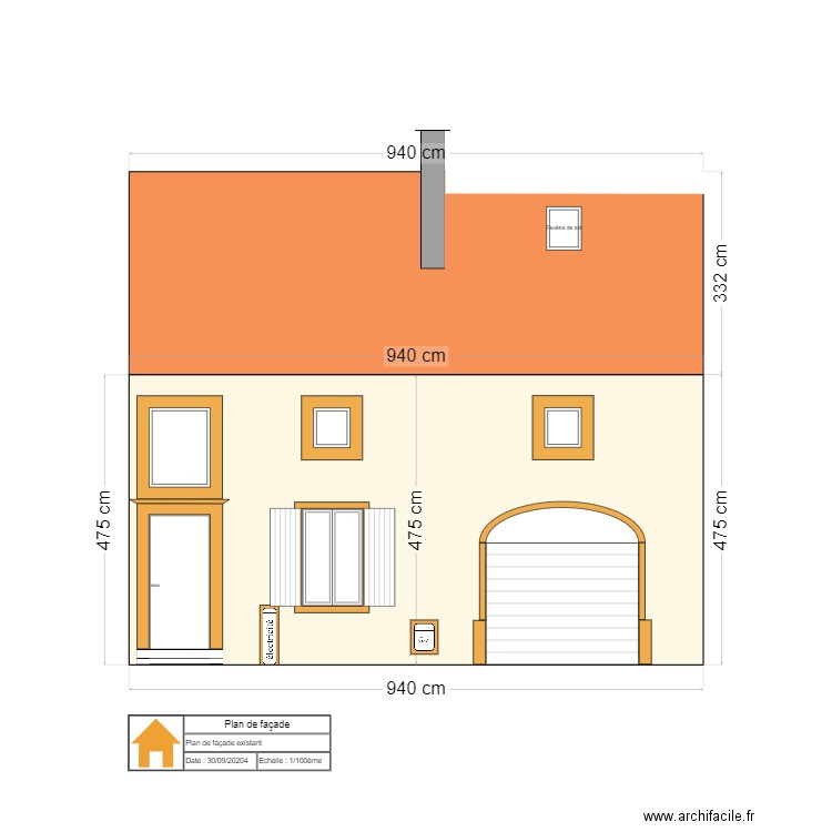 Plan de façade: existant. Plan de 0 pièce et 0 m2