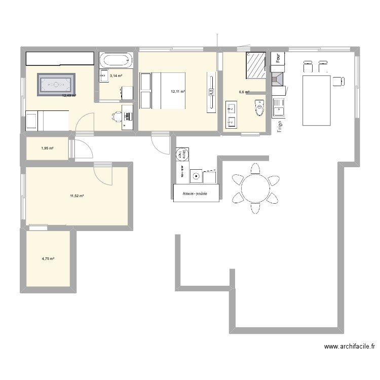 GM V1. Plan de 7 pièces et 53 m2