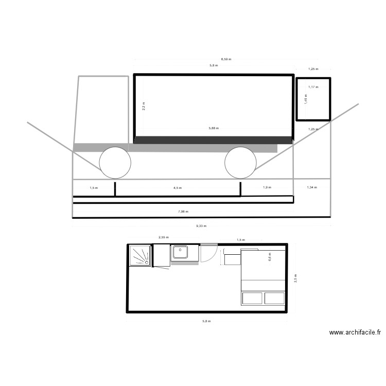 cellule 6000. Plan de 3 pièces et 8 m2