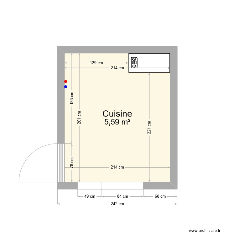 Cuisine rénov 2024. Plan de 1 pièce et 6 m2