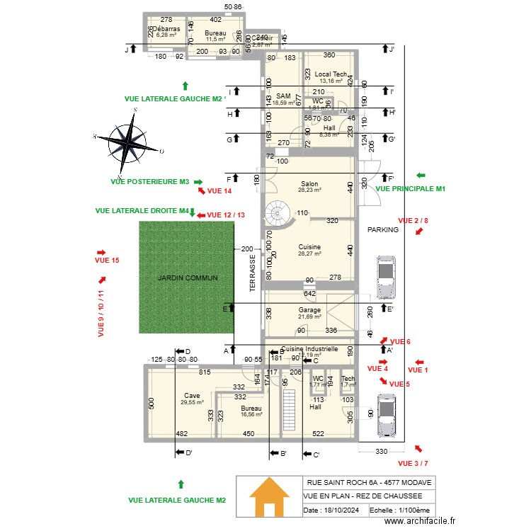 V.RADOUX - VUE EN PLAN - ACTUEL - REZ - V2.23 - Lio. Plan de 17 pièces et 225 m2