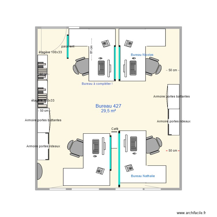 nouveau bureau. Plan de 1 pièce et 30 m2