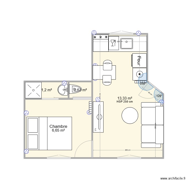 sdb chambre abouti. Plan de 4 pièces et 22 m2