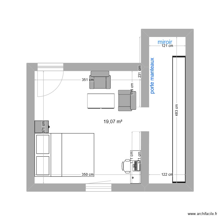 chambre lulu. Plan de 1 pièce et 19 m2