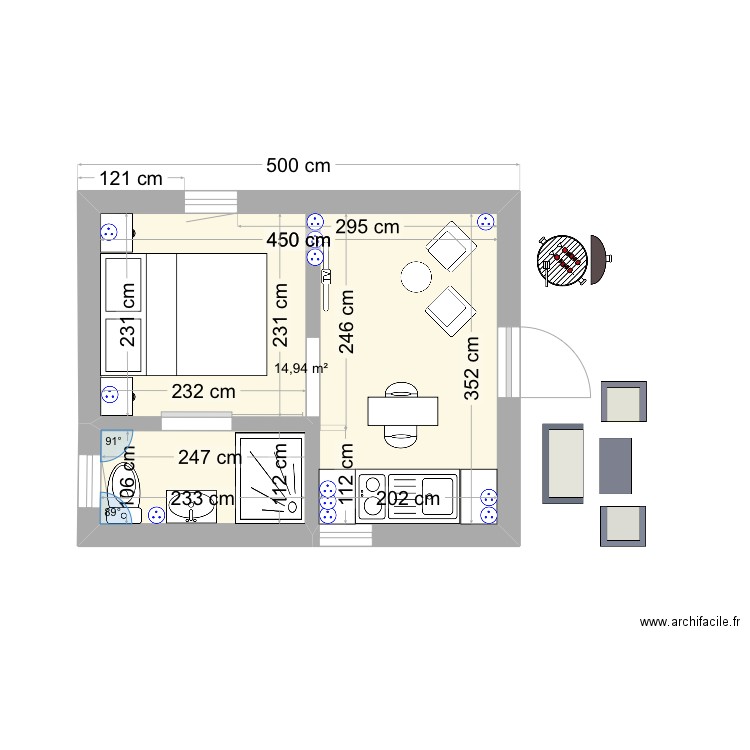 Studio2. Plan de 1 pièce et 15 m2