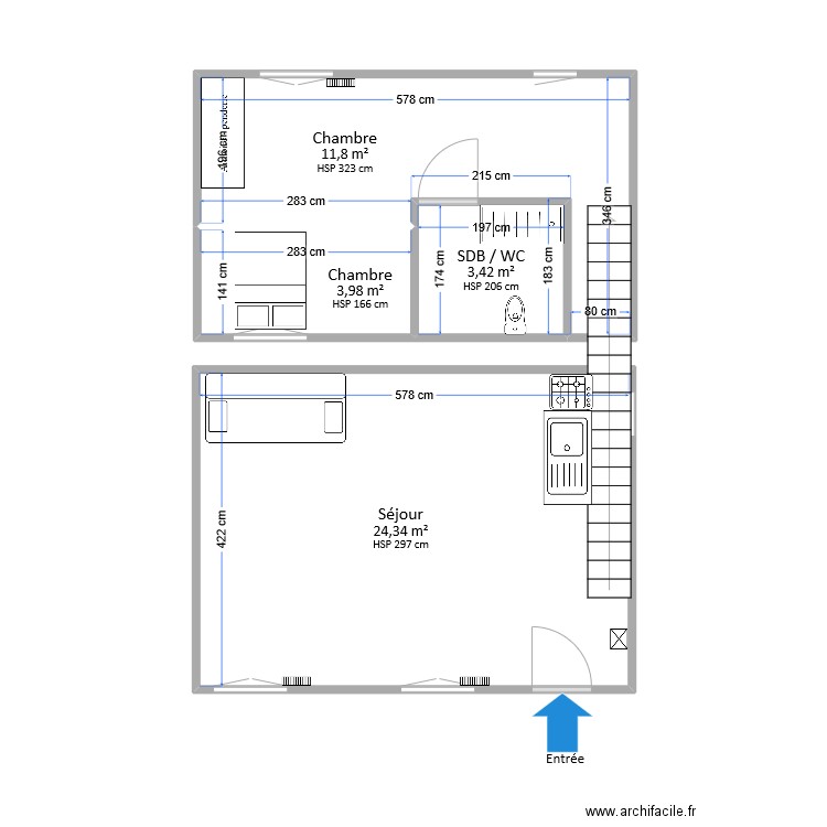 SASA. Plan de 4 pièces et 44 m2