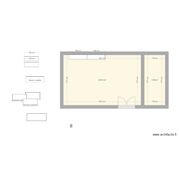 Plan patisserie. Plan de 2 pièces et 34 m2