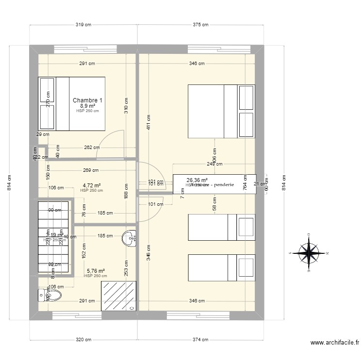 Maison Le Havre Etage 1. Plan de 5 pièces et 48 m2