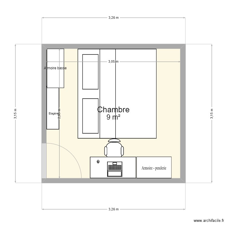 BUREAU 1. Plan de 1 pièce et 9 m2