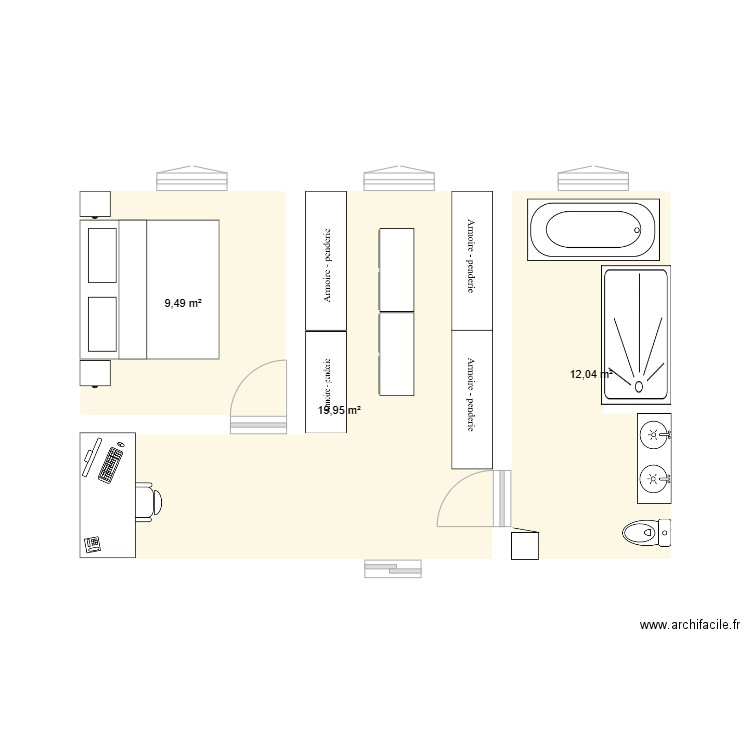 Suite parentale. Plan de 3 pièces et 41 m2