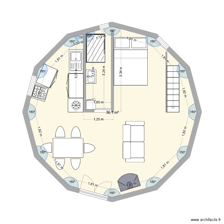 yourte aménagement. Plan de 1 pièce et 36 m2