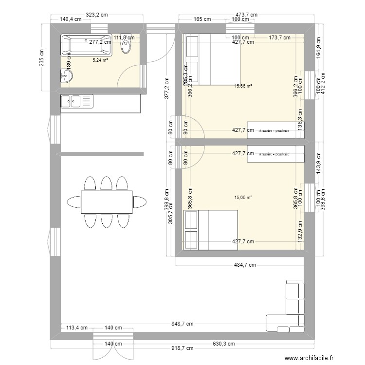 Fiorenantsoa. Plan de 3 pièces et 37 m2